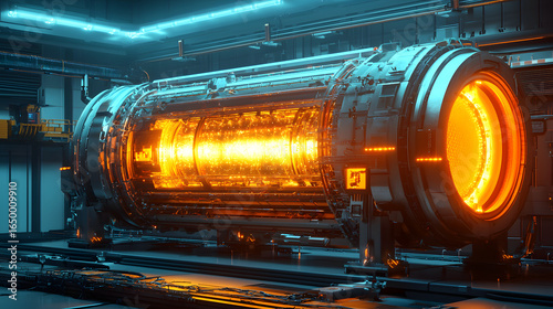 Imposing large machine inside a factory creating a sense of scale and industrial power and activity.