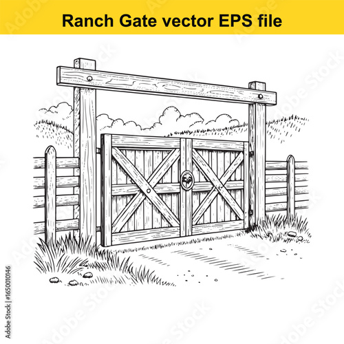 Rustic wooden ranch gate with cross bracing, a classic rural entrance illustration
