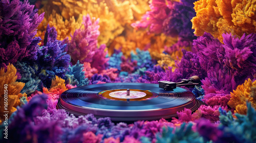 An imaginative illustration of a turntable surrounded by vibrant colors