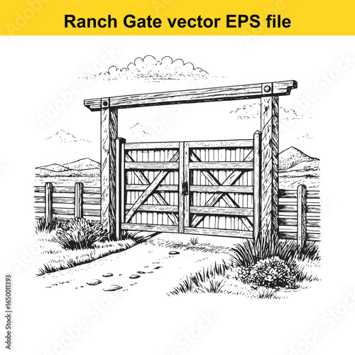 Rustic wooden ranch gate with cross bracing, a classic rural entrance illustration