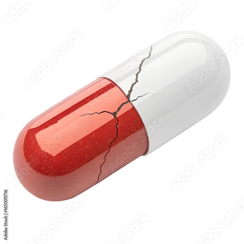 A single glossy red and white pharmaceutical capsule with prominent cracks across its surface. PNG Transparent