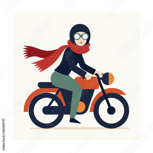 Stylish Biker Girl Wearing Goggles and Scarf on Old Bike