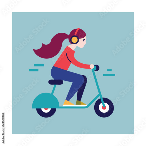 Teen Girl Riding Scooter While Listening to Music