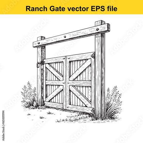 Rustic wooden ranch gate with cross bracing, a classic rural entrance illustration