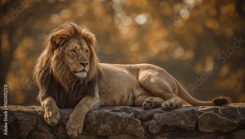 Majestic lion resting on a rocky surface, gazing to the left with a blurred, golden background.