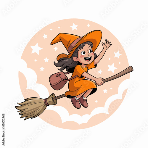 A joyful young witch rides her broomstick against a whimsical starry sky, capturing the spirit of magic and adventure with her vibrant orange outfit and happy demeanor.