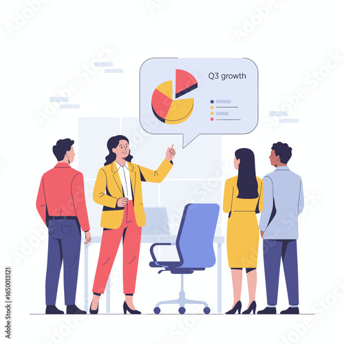 A woman leads a quarterly growth presentation, utilizing a pie chart to illustrate performance metrics to her attentive team in a modern corporate setting, ensuring clarity.