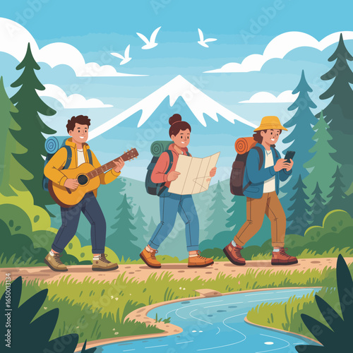 A trio of young adventurers trek through a scenic landscape, with a guitar, a map, and a smartphone, capturing the spirit of exploration and camaraderie amidst nature.