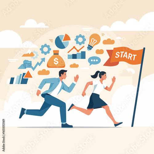 Two determined professionals race toward a start flag, emphasizing ambition and competition in the business world, with visuals representing data and growth strategies.