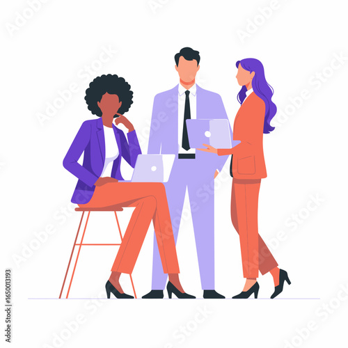 In a modern office setting, a collaborative business team engages with laptops to share ideas and strategies, reflecting teamwork and innovation in the workplace.