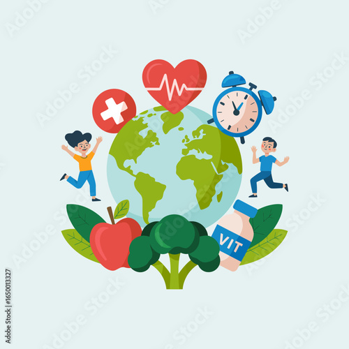 This vibrant illustration represents a healthy lifestyle, highlighting the importance of fitness, nutrition, and well-being alongside a globe icon, fitness elements, and cheerful characters.