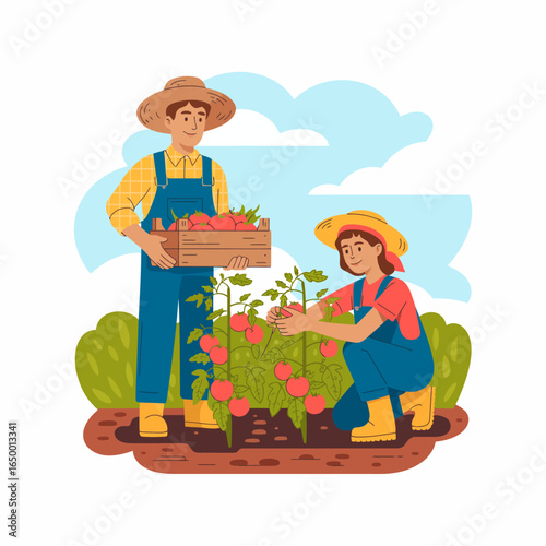 A heartwarming scene of two farmers harvesting ripe tomatoes in a lush field, showcasing teamwork, sustainability, and the beauty of rural life.