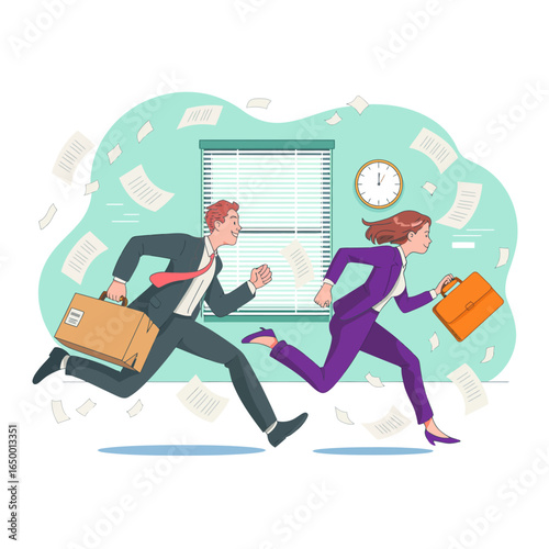 An image capturing two professionals racing through an office with important documents, symbolizing the fast-paced and energetic atmosphere of modern business environments.