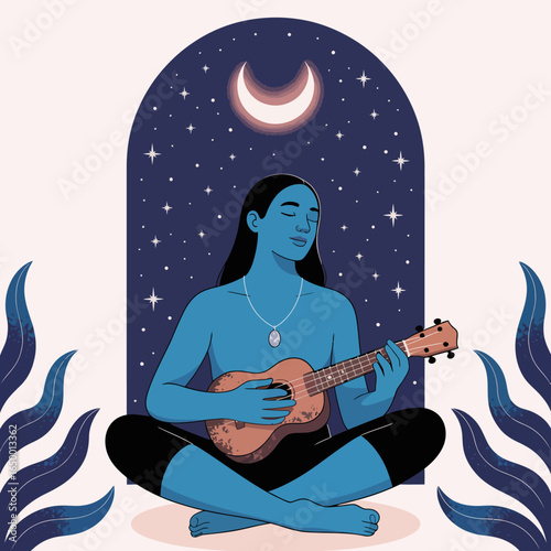 A serene blue figure plays a ukulele under a starry night sky, symbolizing tranquility and creativity in a peaceful environment infused with nature's beauty.
