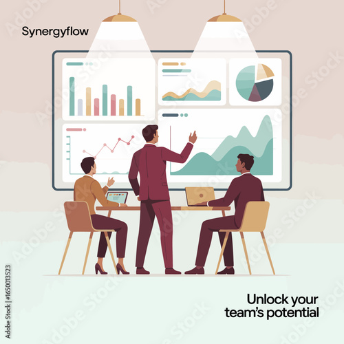 A professional team engages in a data-driven meeting, discussing valuable insights displayed on screens, fostering collaboration, encouragement, and innovative solutions in their workspace.