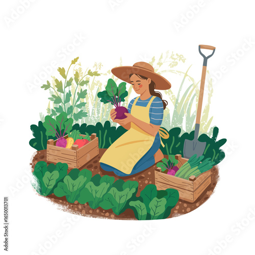 A woman kneels in a garden, joyfully harvesting vegetables, illustrating the connection to nature and the rewarding experience of gardening and nurturing plants.