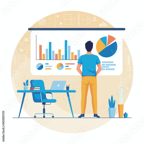 A professional reviewing colorful graphs and charts on a digital display, symbolizing analysis, strategic planning, and insightful decisions in a creative business environment.