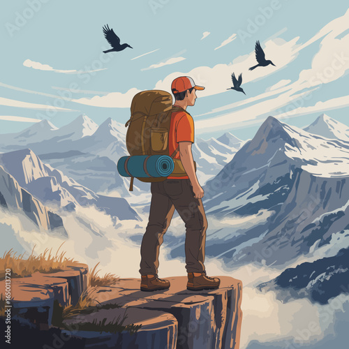 A lone hiker surveys the breathtaking mountain landscape, embodying adventure and excitement, with blue skies and soaring birds enhancing the scene's vibrancy and freedom.