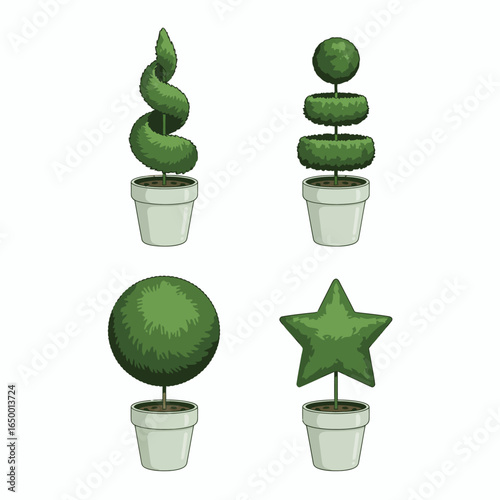 A collection of green topiary plants in various shapes showcases creativity, precision, and artistry, perfect for enhancing gardens or decorative spaces.