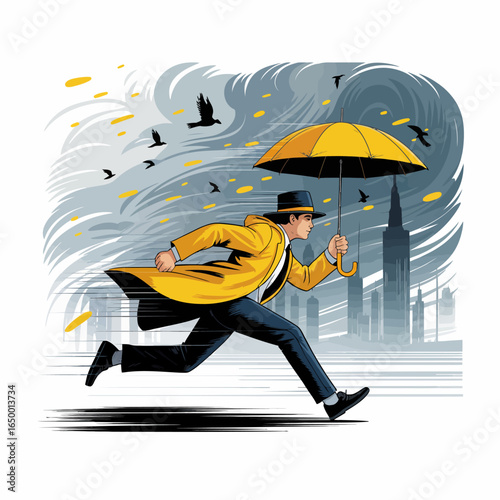 A man in a vibrant yellow coat hurries through gusty winds, holding a yellow umbrella against a backdrop of a stormy city, representing an adventurous spirit.
