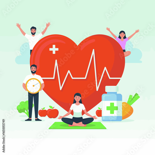 This illustration depicts holistic wellness, featuring individuals engaging in healthy practices amidst symbols of fitness and nutrition, promoting a balanced, heart-centered lifestyle.