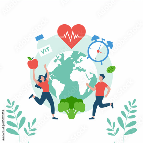 This creative illustration shows two active individuals around the globe, emphasizing health, nutrition, and vitality with symbols of fitness and wellness in a lively design.