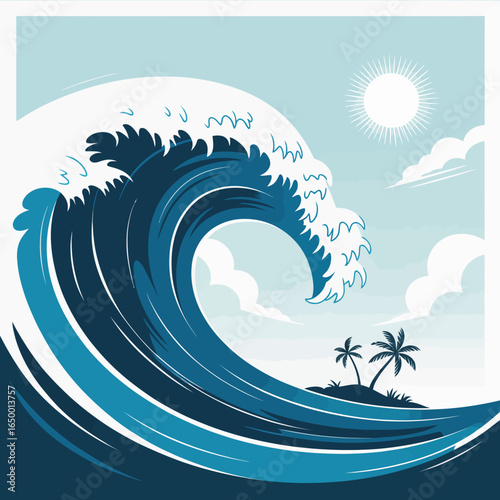 This stunning image features a large, beautifully formed ocean wave crashing towards a serene tropical island under a bright sun and soft clouds, embodying nature's beauty.