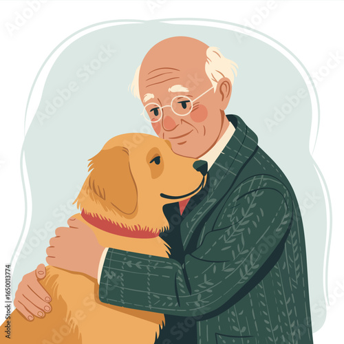 This heartwarming image captures a senior man lovingly embracing a golden retriever, showcasing the emotional bond between humans and pets through affectionate gestures.