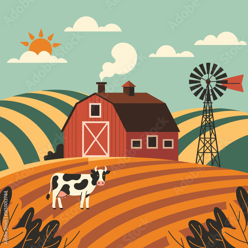 This picturesque farm landscape showcases a tranquil scene with a relaxed cow, a barn emitting smoke, and a windmill, embodying the essence of rural life at its simplest.