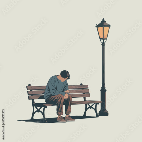 A solitary figure sits on a park bench under a street lamp, creating an atmosphere of introspection and contemplation amidst the quiet night.