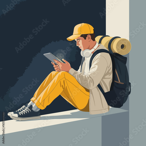 A young traveler absorbed in his device, highlighting the intersection of technology, traveling, and modern lifestyles represented in a stylish and contemporary visualization.