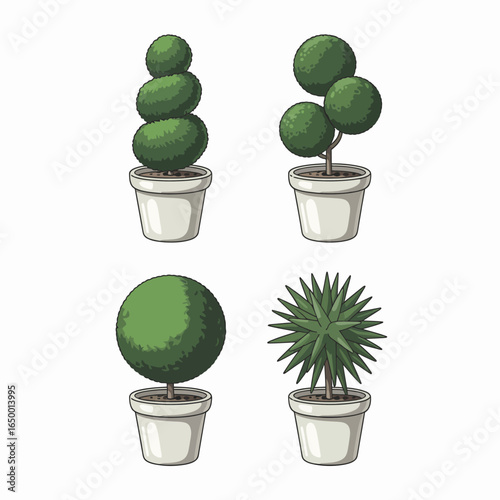 A delightful assortment of uniquely shaped topiary plants brings an artistic touch to decor, representing creativity and elegance in gardening and landscape design.