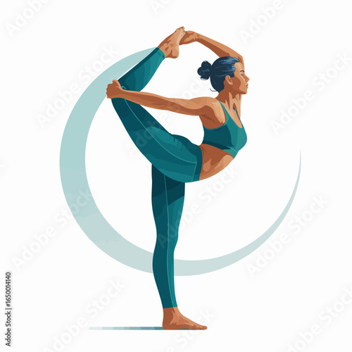 This image captures a dynamic woman in a yoga pose, illustrating incredible flexibility and balance, set against a serene backdrop that inspires wellness and mindfulness.