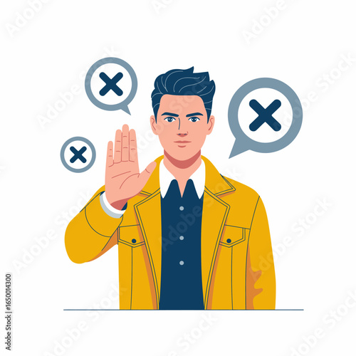 A confident young man in a bold yellow jacket raises his hand, symbolizing assertiveness and the importance of setting personal boundaries in engaging interactions.