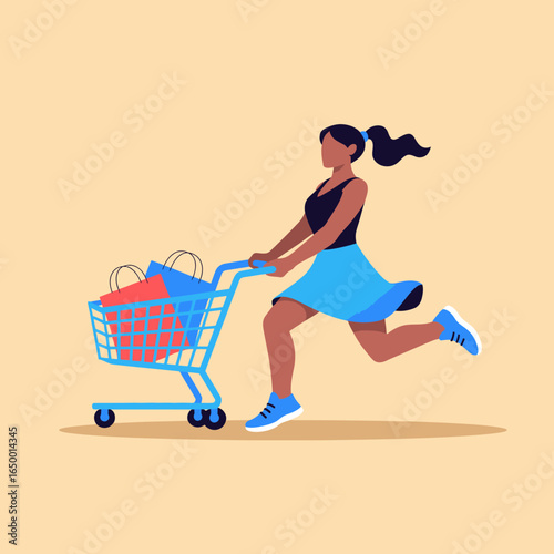 A vibrant illustration of a woman running joyfully with a shopping cart filled with colorful shopping bags, capturing the essence of spontaneity and excitement in retail therapy.