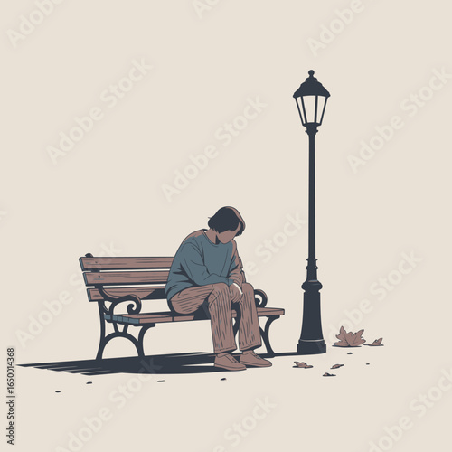 A thoughtful individual on a bench during dusk, bathed in the soft glow of a street lamp, reflecting on life’s moments in a serene environment, evoking introspection.