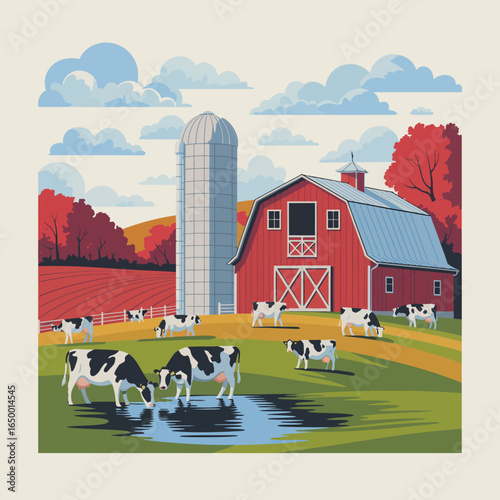 A picturesque farm scene showcasing a vibrant red barn with grazing cows, embodying rural charm and the peacefulness of agricultural life in the countryside.