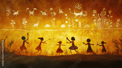 An interactive Warli art scene with kids engaging in traditional games