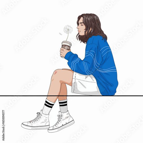 A trendy young woman sits and enjoys her coffee break, showcasing a modern casual attire while sipping a drink in a relaxed yet stylish manner that speaks to leisure.