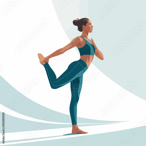A focused woman gracefully performing a yoga pose, epitomizing inner strength and calm, with an artful background that enhances the sense of tranquility and mindfulness.