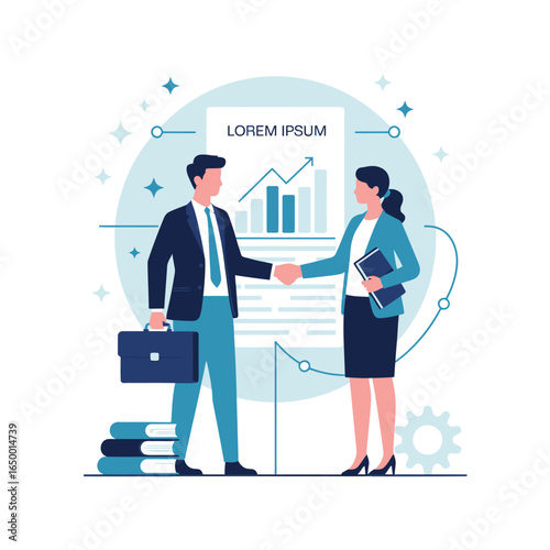 A formal business meeting showcasing two individuals shaking hands, emphasized by success charts and documents, illustrating growth, cooperation, and achieving goals.