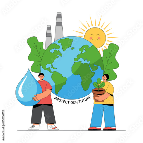 Two people holding a water droplet and a plant with the Earth in the background, emphasizing the need to protect our environment for future generations and ecological responsibility.