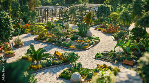 An intricate 3D model of a botanical garden with various plants