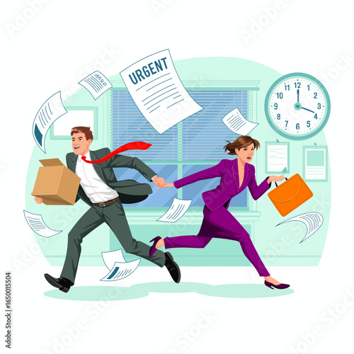 A man and woman in business attire are running towards the camera, surrounded by flying papers and a clock showing urgency, illustrating a busy work environment.