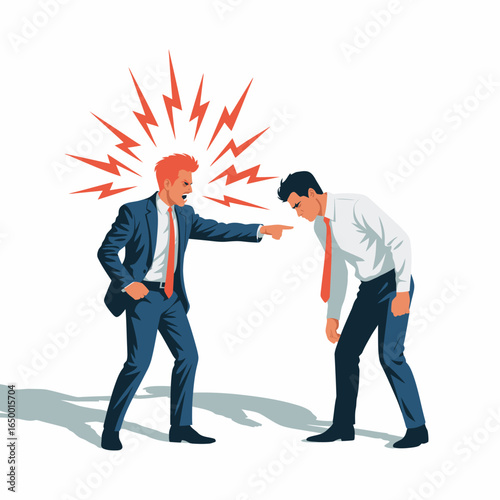 An impactful illustration of a workplace argument where one man gestures angrily at another who stands with a downtrodden posture, reflecting a disturbing emotional intensity.