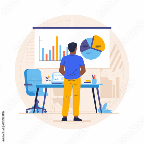 An observer stands in front of colorful analytics and trends on display, embodying a creative approach to data analysis and decision-making in a dynamic business environment.