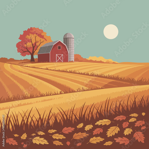 A charming farm illustration showcasing a vintage red barn and silo against a backdrop of golden fields and a gentle autumn sun, highlighting rural tranquility.