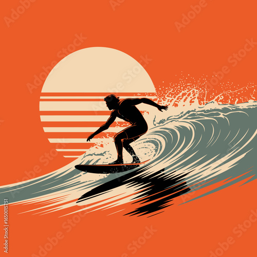A captivating image of a surfer riding a wave under a dramatic sunset, showcasing motion and the thrill of surfing as the surf splashes around energetically.