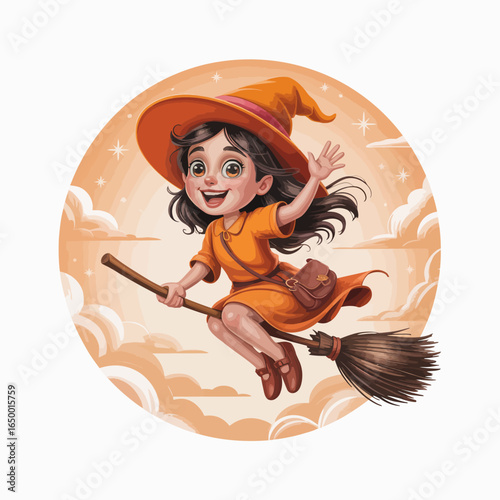 A joyful young witch in an orange dress holds a broomstick, soaring through dreamy clouds with a beaming smile and playful spirit, embodying whimsy and enchantment.