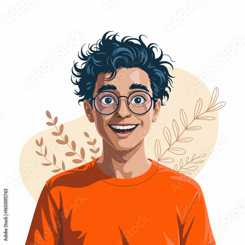 A joyful young boy with curly hair and glasses smiles widely, surrounded by gentle plant illustrations, conveying positivity and youthful enthusiasm in a modern artistic style.